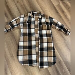 Plaid Button-Down Long Shacket in Tan and Black
